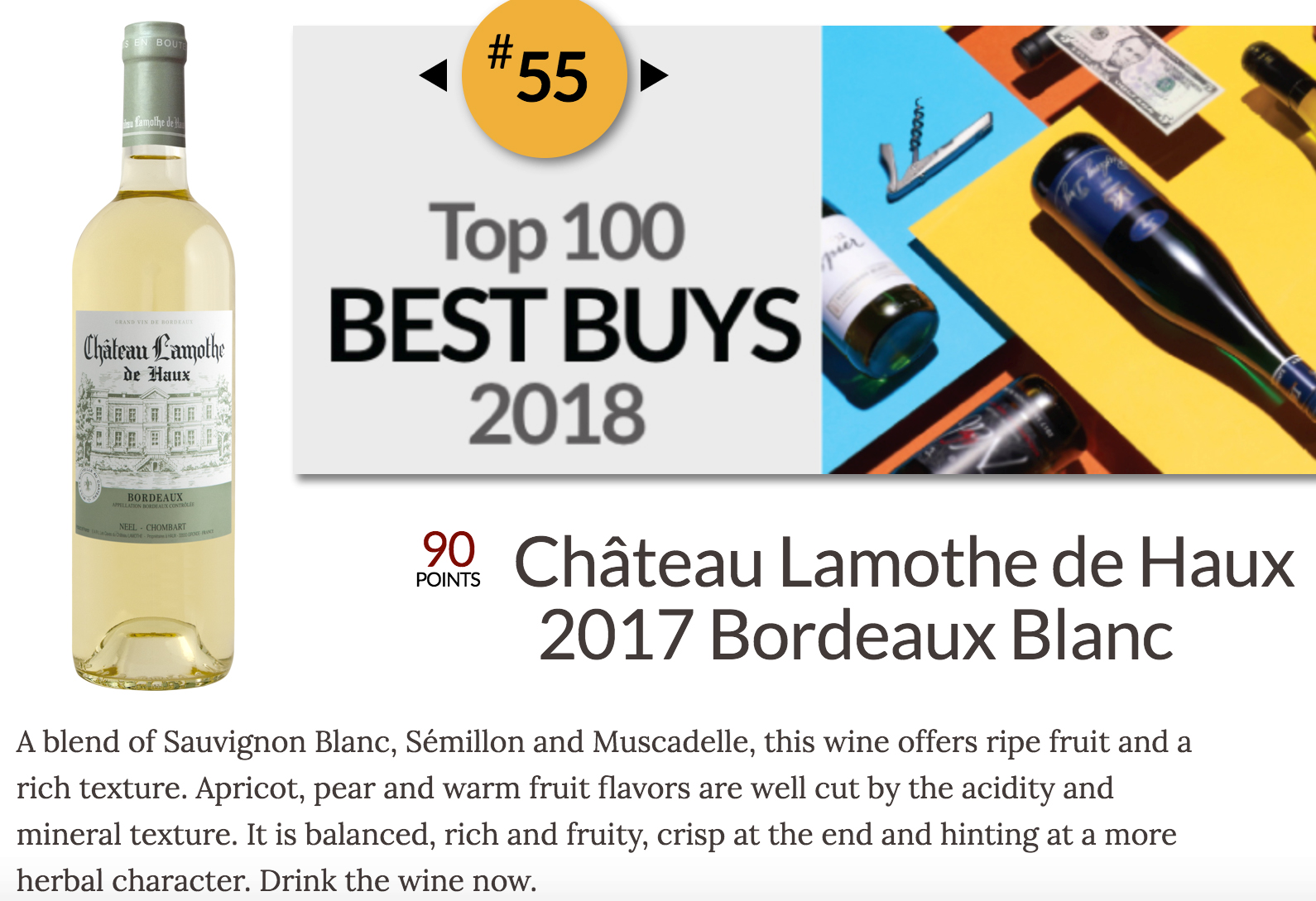 BEST BUY WINE ENTHUSIAST 90 PTS LAMOTHE BLANC